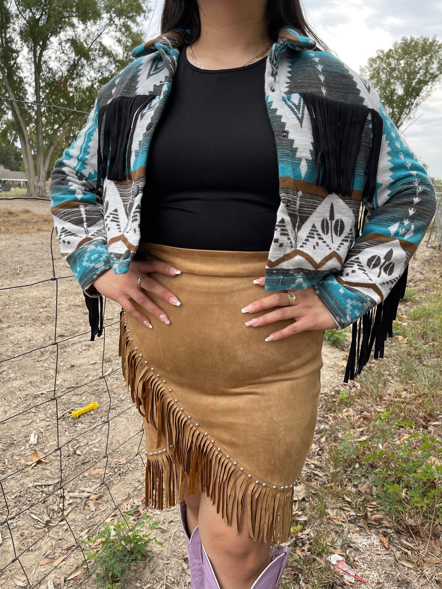 Camel cross fringe skirt