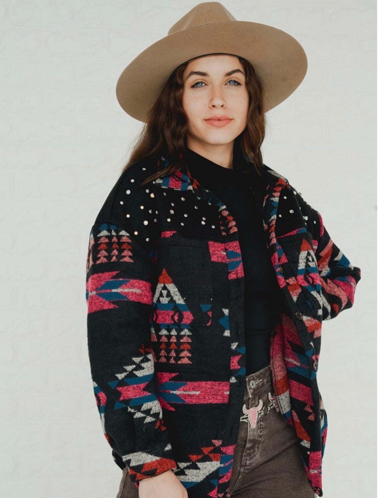 Pink Aztec rhinestone shacket