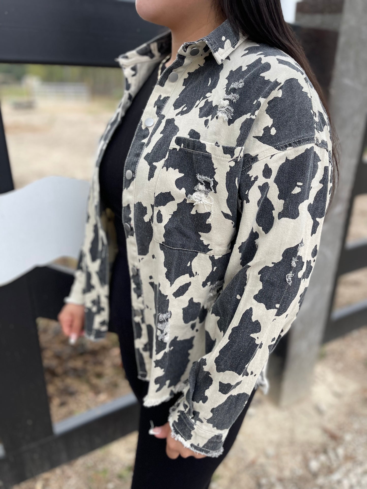 Cowprint long sleeve shacket