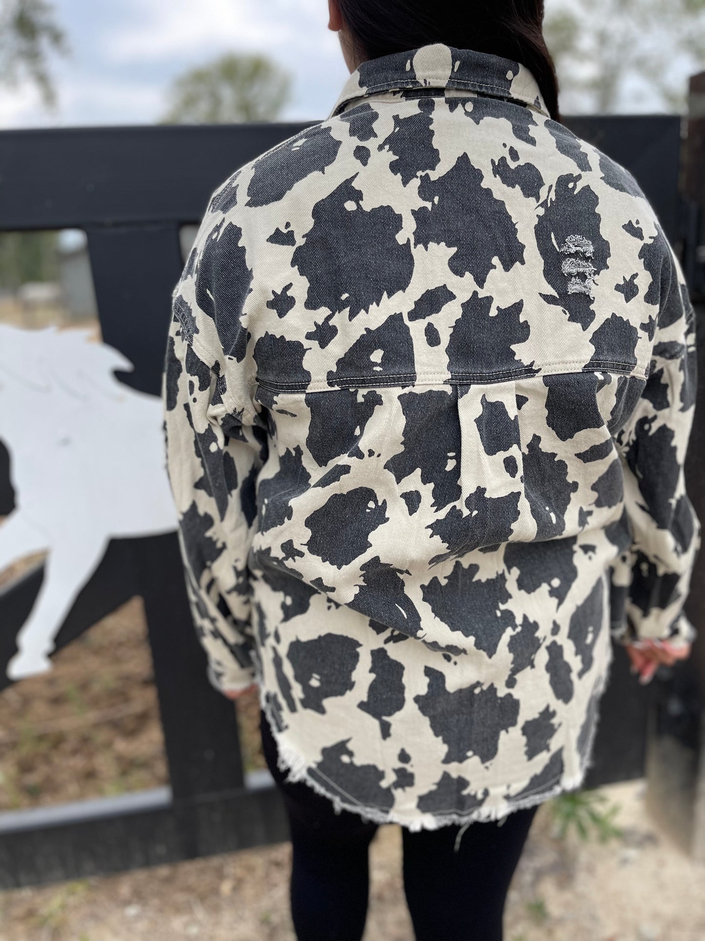 Cowprint long sleeve shacket